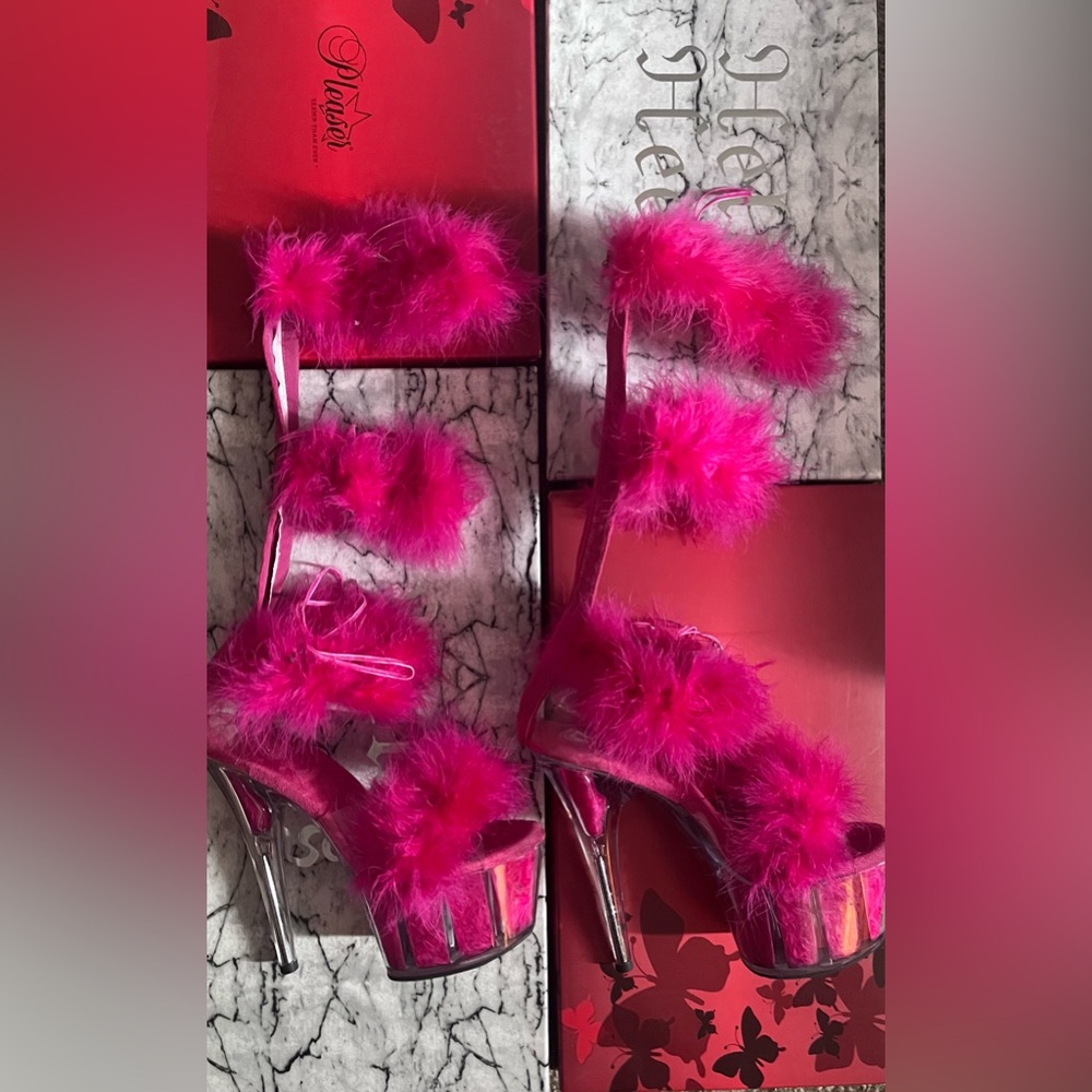 Adore-728F Hot Pink Marabou Fluffy Fur Stripper Pole Dance Heels Gladiator Shoes - Picture 6 of 14
